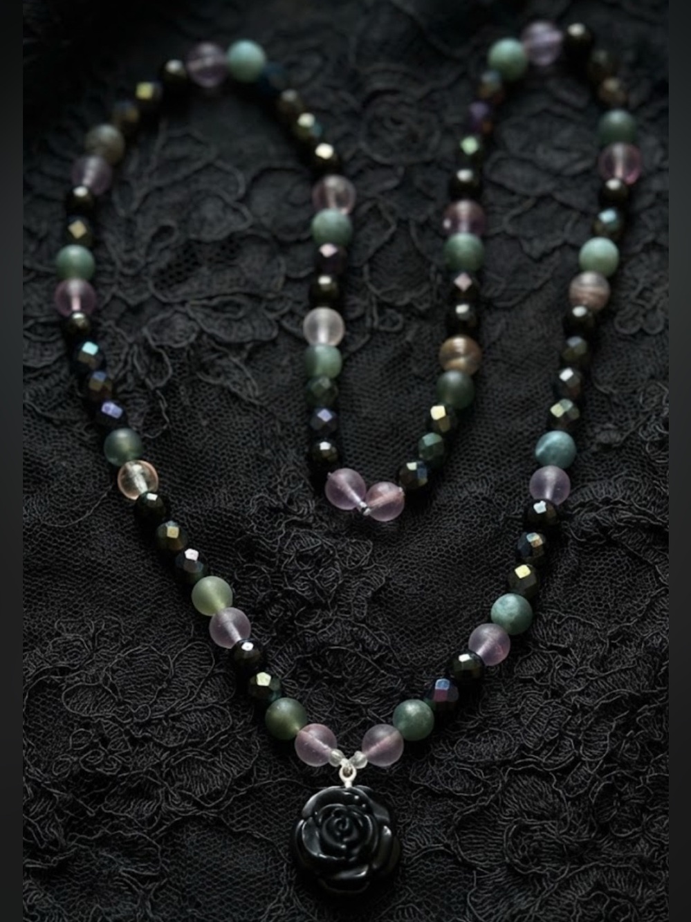 Dark RoseWater Necklace (Black Obsidian, Flower Amethyst, Metallic Peacock)